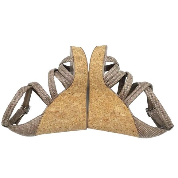 Tory Burch Taupe Reptile Embossed Leather Strappy Cork Wedge Sandals Size 10.5 - Picture 11 of 16